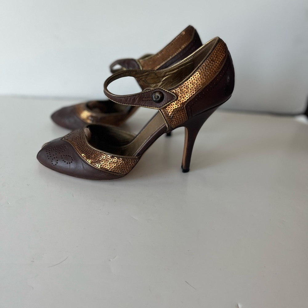 Prada Vintage Brown gold Sequin PeepToe Ankle strap Heels Sz 38